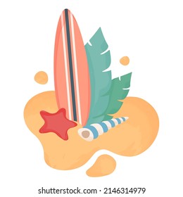 Surfboards in sand isolated. Surfing. Tropical island with exotic palm leaves, starfish, shells. Summer beach background. Vector flat cartoon illustration for travel, card, holidays, resort, poster