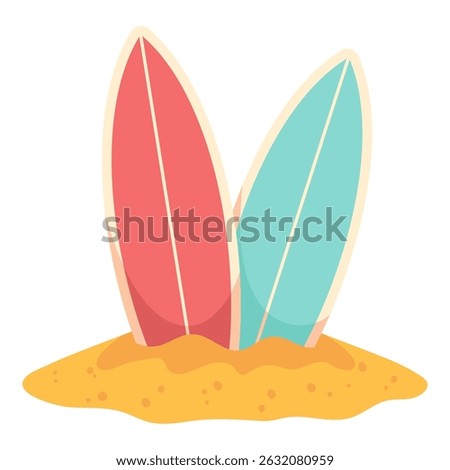 Surfboards in sand on white background, bright summer beach design for travel posters and vacation images