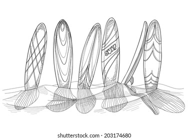 Surfboards in sand sketch