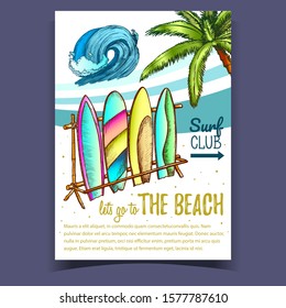 Surfboards, Sea Wave And Palm on Poster Vector. Assortment Surfboards In Different Color Standing And Locked In Storage On Beach Surf Club. Designed Longboards Colorful Illustration