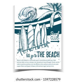 Surfboards, Sea Wave And Palm on Poster Vector. Assortment Surfboards In Different Standing And Locked In Storage On Beach Surf Club. Monochrome Illustration