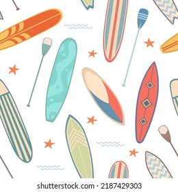 Surfboards seamless pattern. Funny repeated print, different type sea board, gliding waves, beach sport objects. Decor textile, wrapping paper, wallpaper design. Summer nowaday vector background