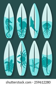 surfboards set with blue sea creatures drawing - vector illustration. eps 8
