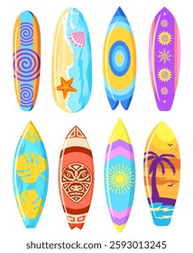 Surfboards set. Bodyboard. Surfboard print design for surfing ride or decor. Beautiful drawing on a surfboard. Vector Illustration isolated on white background. 
