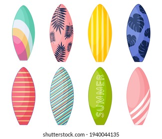  Surfboards set. Cartoon collection of vector illustrations in vintage style. Isolated on a white background.