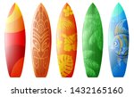 Surfboards set with different bright and unusual pattern designs. Realistic style. Vector illustration. Isolated on white background.