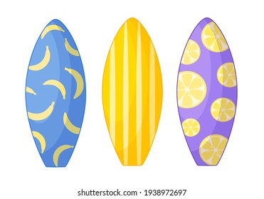 Surfboards set. Vector illustration isolated on white background. Collection of cartoon boards with surf patterns

