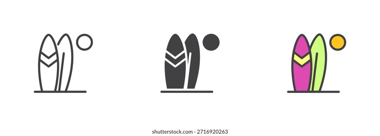 Tablas de surf de pie en el icono de la playa en línea, estilo colorido de contorno sólido y lleno. Icono de surf dos veces como signo de Vector, símbolo, paquete de ilustración de color.