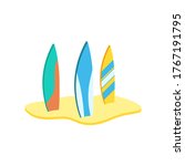 Surfboards standing in the sand.Vector isometric and 3D view.