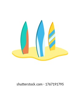 Surfboards standing in the sand.Vector isometric and 3D view.