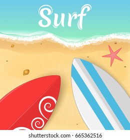 Surfboards and a starfish on the ocean. Opening of the summer season. Relax on the beach. Vector illustration. EPS 10