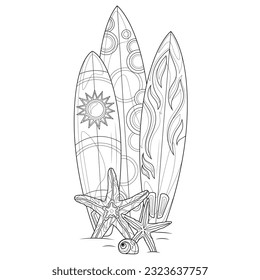 Surfboards and starfish.Coloring book antistress for children and adults. Illustration isolated on white background.Zen-tangle style. Hand draw