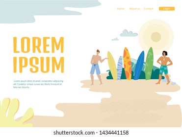 Surfboards Store Landing Page Vector Template. Water Sport Professional Equipment Web Banner. Surfing Lessons, Course Website Homepage Layout. Handsome Tanned Sportsmen Flat Illustration