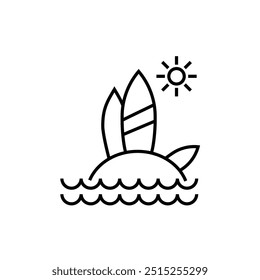 surfboards stuck in the sand on a beach on an island with the sun shining brightly icon, Summer Vacation Holiday
