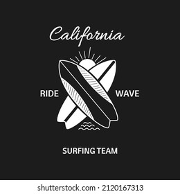 Surfboards, the sun and the inscription. Outline vector illustration for t-shirt prints, posters and other uses.