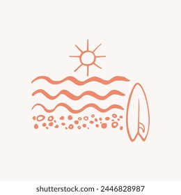 Surfboards sun, waves, hand drawn sketch vector illustration. Beach surfing design for sign, card, poster, label, paper, emblem. Abstract freehand style, template background