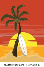 surfboards and sunset on the beach vector illustration 