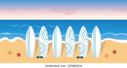 surfboards for the surf lesson on the beach with sunglasses and starfish vector illustration EPS10