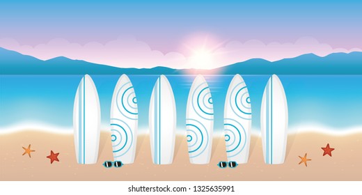 surfboards for the surf lesson on beautiful beach at sunrise with sunglasses and starfish vector illustration EPS10