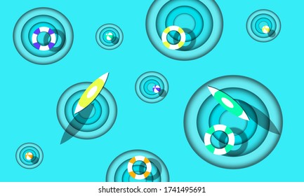 Surfboards, Swim Rings, Beach Balls on Water Ripple Concept. Hello Summer Vector Design.