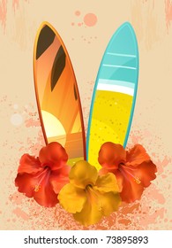 Surfboards and tropical hibiscus flowers