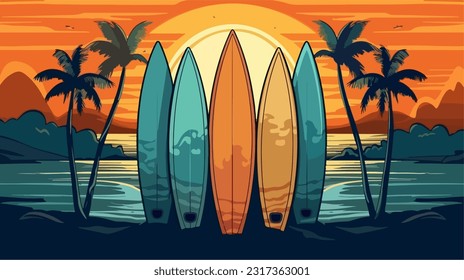 surfboards in tropical landscape with sunset