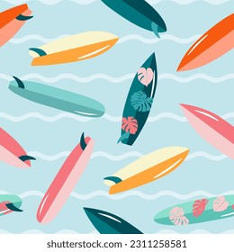 Surfboards with tropical leaves on waves cartoon summer seamless pattern. Sea surfing boards. Beach vacation travel, surf vector print. Hawaiian textile design, summertime fabric