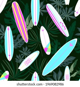 Surfboards with tropical leaves vector pattern design