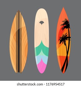 Surfboards types set on grey background. Board for wave riders. Isolated vector illustration. 