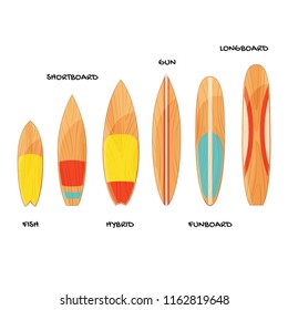 Surfboards types set on white background. Board for wave riders. Names of surfboard. Isolated vector illustration. 