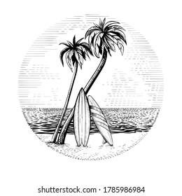 Surfboards under the  palm trees, vector illustration. Beach surfing round design in sketchy style. Circle seaside sign.