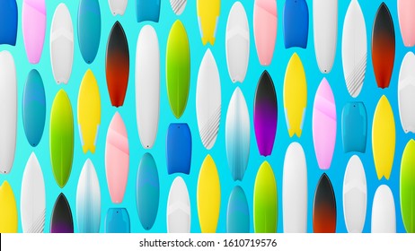 Surfboards vector wallpaper. Different types of colorful surfing boards. Longboards and shortboards bright summer background.