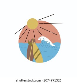 Surfboards, wave and sea in a circle. A hand-drawn vector. For prints on T-shirts, posters and other purposes.