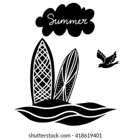 Surfboards, waves, cloud, bird isolated. Calligraphic text summer. Hand drawn