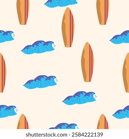 Surfboards and Waves Pattern A seamless pattern featuring wooden surfboards and blue ocean waves on a light beige background