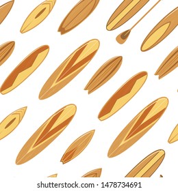 Surfboards with Wooden Texture Seamless Pattern Background on a White Surfers Equipment for Summer Active Sport or Recreation. Vector illustration of Surf Board