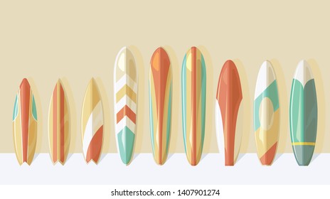 Surfboardscollection with different types and sizes. Vector hello summer poster illustration. Flat horizontal banner. Colorful classic board with reflection vector illustration 