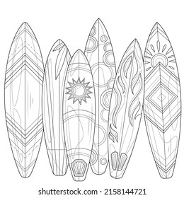 Surfboards.Coloring book antistress for children and adults. Illustration isolated on white background.Zen-tangle style. Hand draw