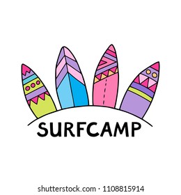Surfcamp logo template with four colorful surfboards with patterns.