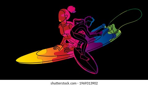 Surfer Action Group of Surfing Sport Male and Female Players Cartoon Graphic Vector