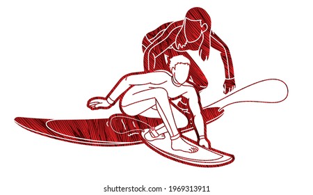 Surfer Action Group of Surfing Sport Male and Female Players Cartoon Graphic Vector