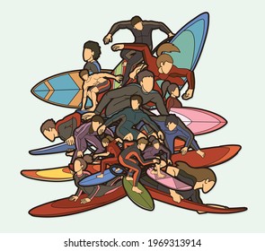 Surfer Action Group of Surfing Sport Male and Female Players Cartoon Graphic Vector