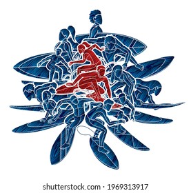 Surfer Action Group of Surfing Sport Male and Female Players Cartoon Graphic Vector