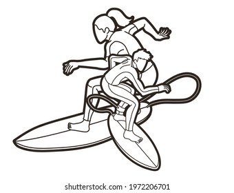 Surfer Action Group of Surfing Sport Male and Female Players Cartoon Graphic Vector