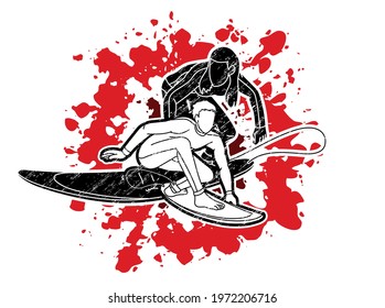 Surfer Action Group of Surfing Sport Male and Female Players Cartoon Graphic Vector