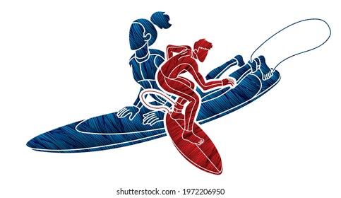 Surfer Action Group of Surfing Sport Male and Female Players Cartoon Graphic Vector