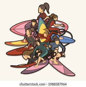 Surfer Action Group of Surfing Sport Man and Woman Players Cartoon Graphic Vector