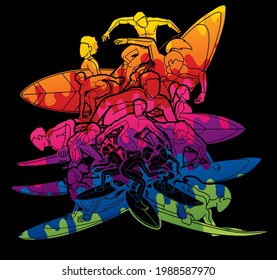 Surfer Action Group of Surfing Sport Man and Woman Players Cartoon Graphic Vector