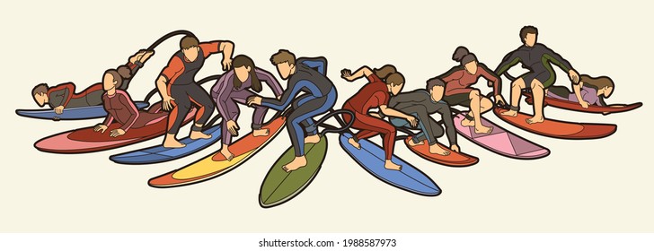 Surfer Action Group of Surfing Sport Man and Woman Players Cartoon Graphic Vector