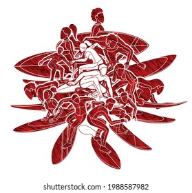 Surfer Action Group of Surfing Sport Man and Woman Players Cartoon Graphic Vector